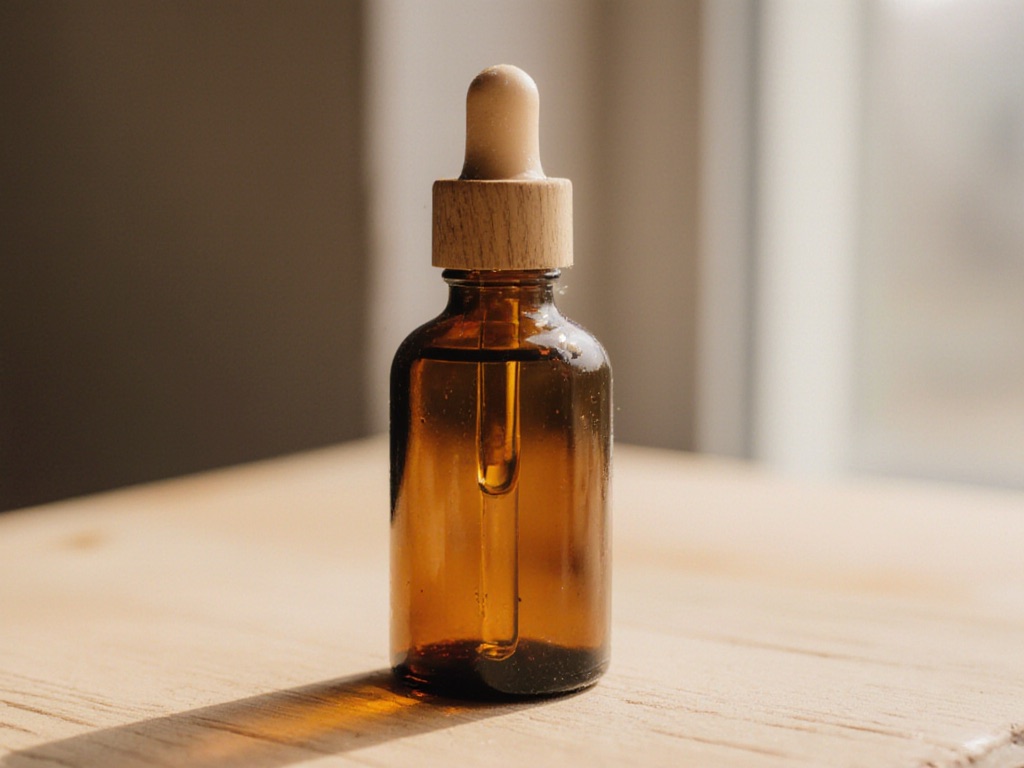 A bottle of the clinic's house-blend massage oil on a birch timber surface