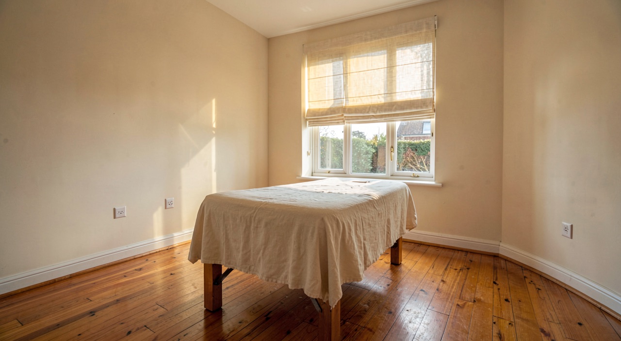The main treatment room at Plumb Line, a plain wooden table draped in cream linen beneath a sash window