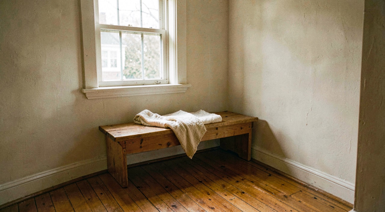 The reception nook at Plumb Line, a low timber bench and a folded cream throw beside a sash window